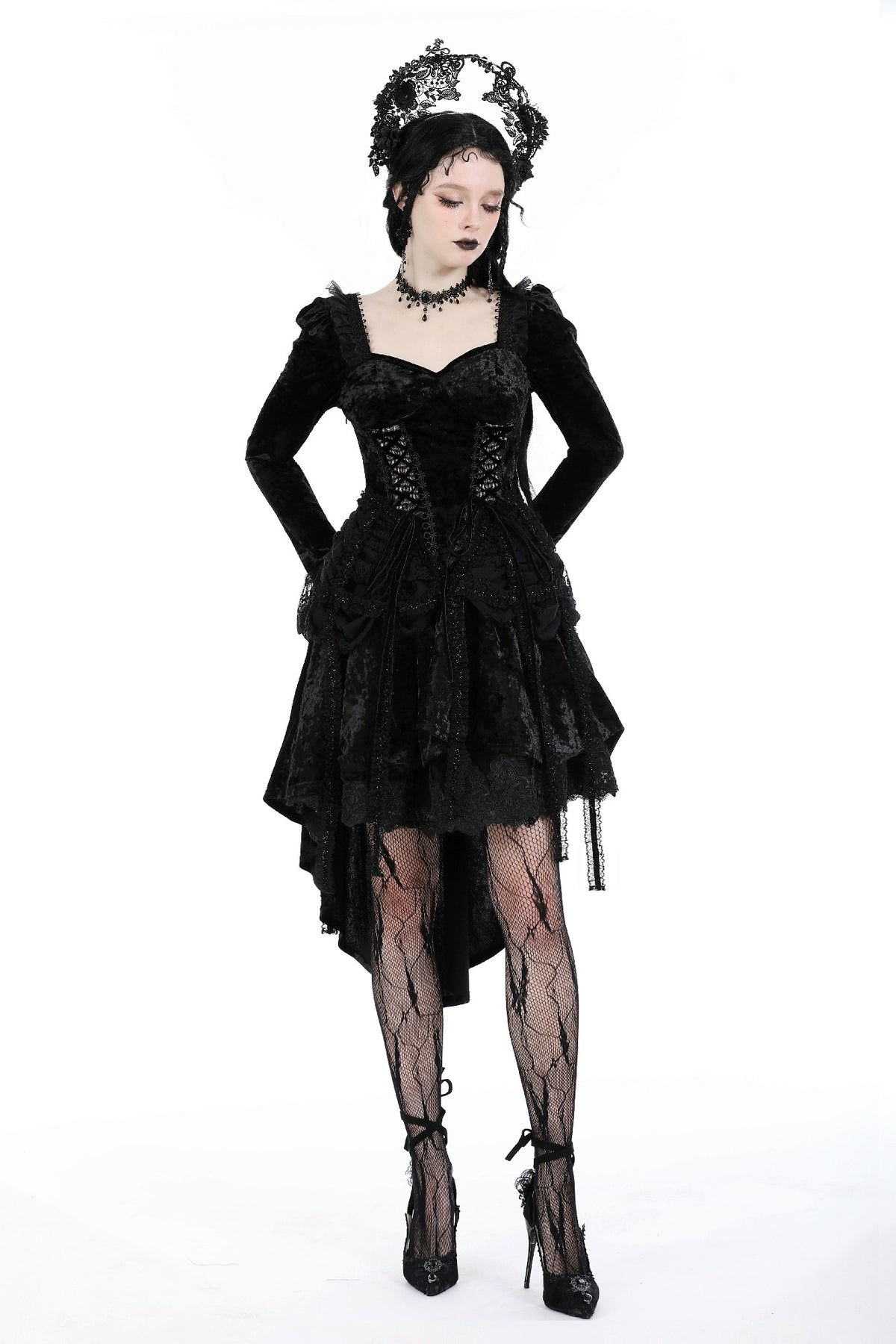 Dark in Love DW938 Gothic Black Velvet Lace Dress – Victorian Witch Aesthetic – OtherWorld Fashion