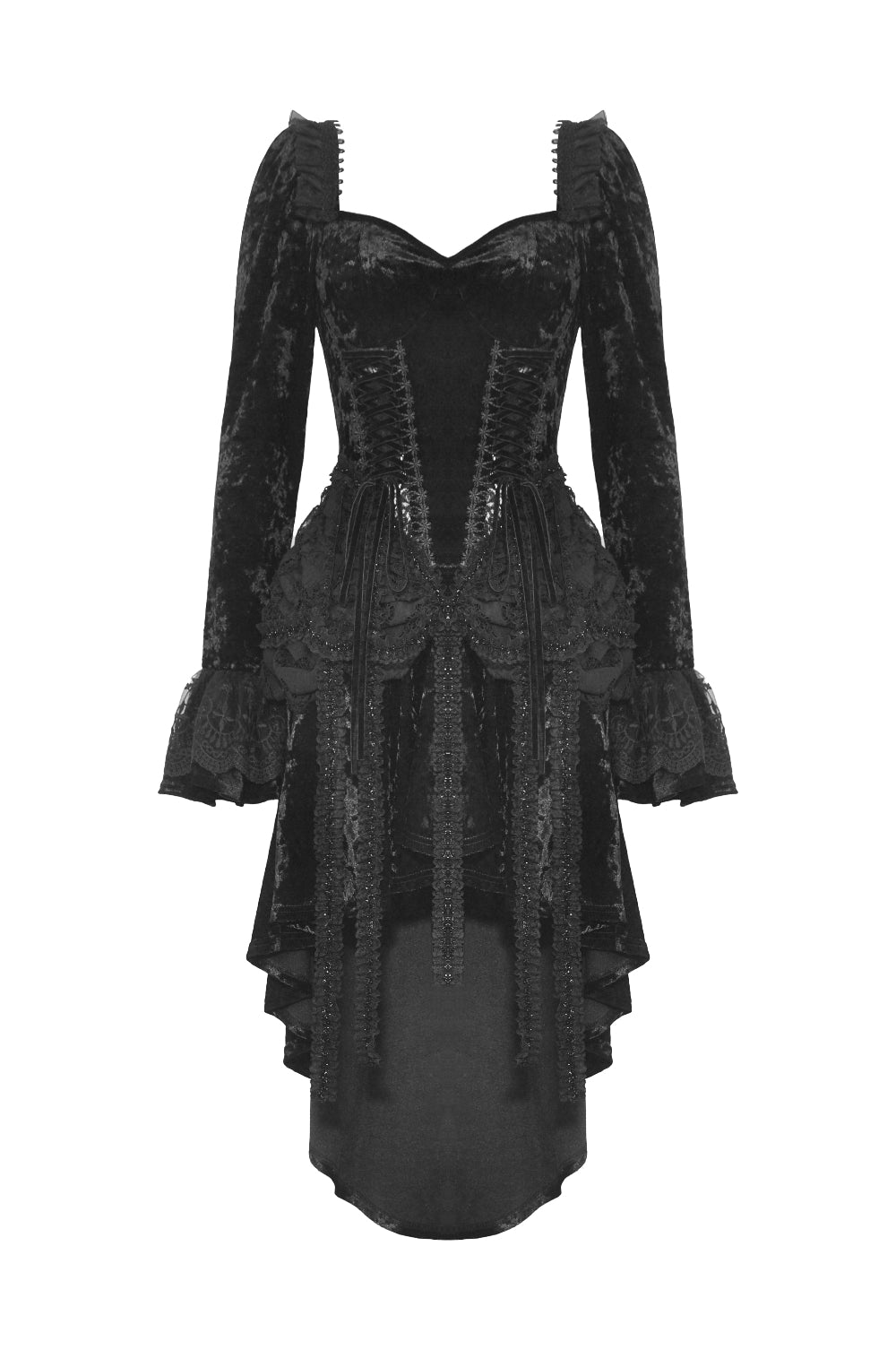 Front view of black Gothic high-low dress with sweetheart neckline, corset-style bodice, lace layers, and flared sleeves.