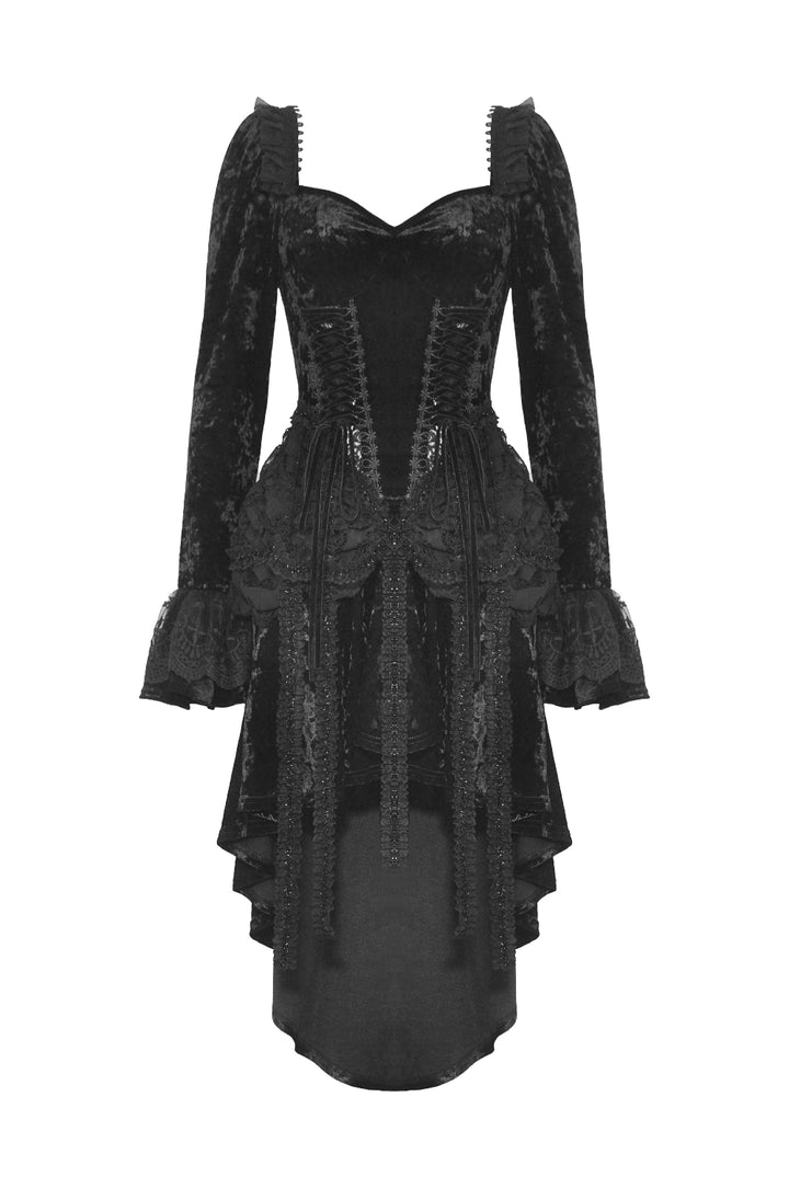 Front view of black Gothic high-low dress with sweetheart neckline, corset-style bodice, lace layers, and flared sleeves.