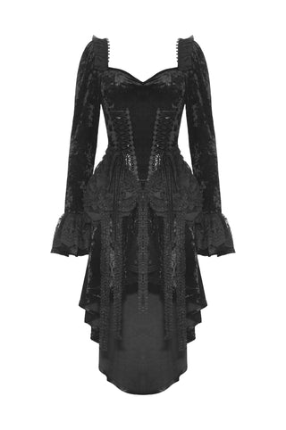 Black Gothic dress with sweetheart neckline, flared lace sleeves, corset-style bodice, and layered high-low hem – displayed on white background.