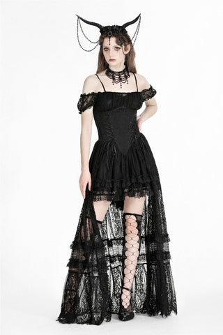 Model wearing black high-low dark in love dw950 Gothic gown with lace detail and off-shoulder sleeves