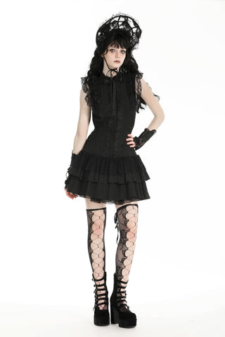 Black Victorian gothic mini dress with high neck and layered ruffle skirt