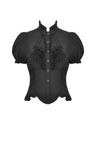 Victorian-style black puff sleeve blouse with lace ruffle accents, ruched waist, and front buttons on white background