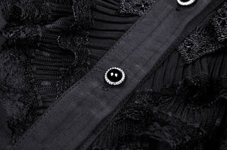 Close-up of button and lace detailing on the Dark in Love IW087 black Gothic blouse