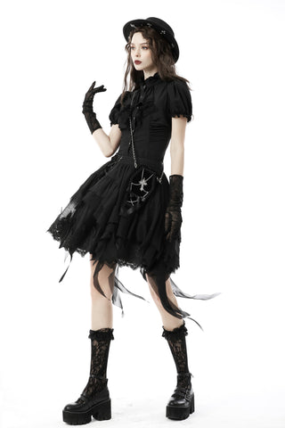 Model wearing the Dark in Love IW087 black Gothic blouse with puff sleeves, lace-trimmed layered skirt, gloves, hat, and platform boots on white background