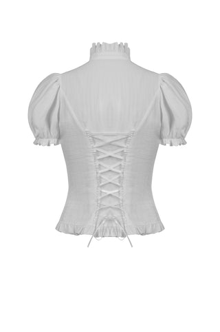 Back view of white blouse with puff sleeves, high collar, and corset-style lacing detail – isolated on white background.