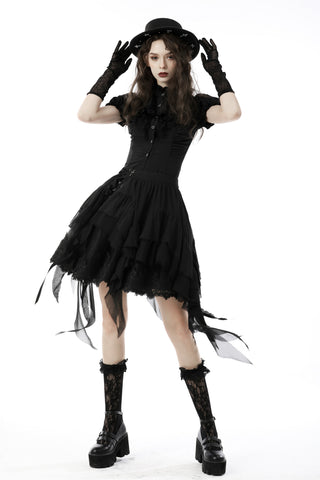 Model wearing the Dark in Love IW087 black Gothic blouse with puff sleeves, layered lace skirt, gloves, and platform boots on white background