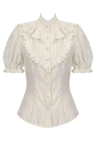 Steampunk Vintage cream cotton-linen ruffle blouse with puff sleeves and sculpted buttons