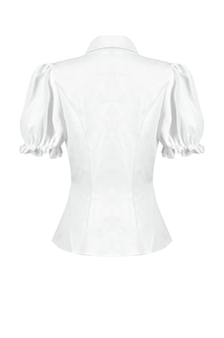Back view of white puff-sleeve blouse with fitted waist and pointed collar on white background