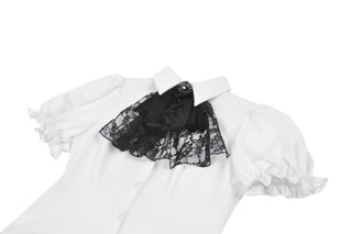 Victorian-style white blouse with puff sleeves and black lace jabot, displayed on a white background