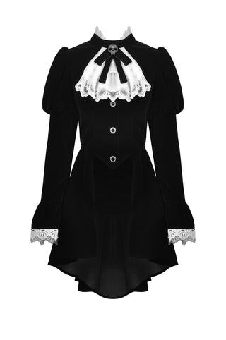 Front view of Dark in Love JW234 Gothic Lolita black velvet jacket with white lace jabot, skull clasp, ruffled cuffs, and button-up bodice on a white background.