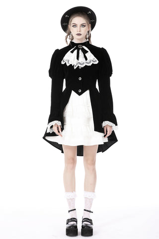 Model wearing Dark in Love JW234 Gothic Lolita black velvet jacket with white lace jabot and ruffled cuffs, paired with a white skirt and hat on a white background.