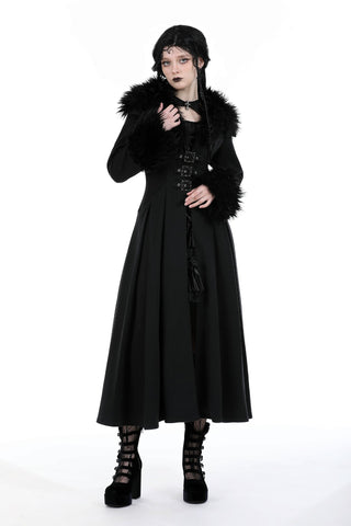 Black Romantic Gothic maxi coat with faux fur collar and cuffs, front buckle closures, fitted waist, and lace-up back detail.