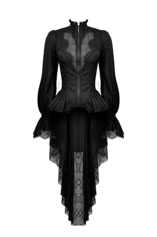 Black Gothic lace women’s tailcoat with peplum waist, long sleeves, high-low lace hem, and zipper front