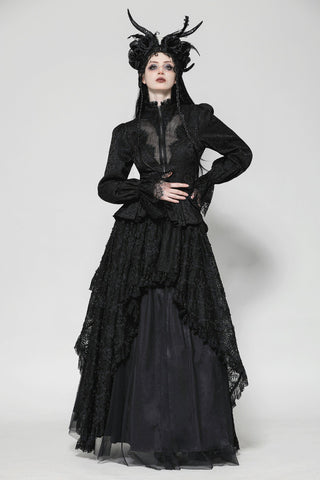 Model wearing black lace Gothic tailcoat with high collar, peplum waist, sheer chest panel, and layered high-low skirt over long black underskirt
