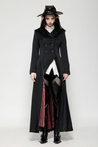 Model wearing long Dark in love JW279 Gothic coat with red lining, double-breasted front, and frilled lapels