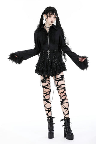 Black gothic mini overskirt with layered lace ruffles and corset-style lacing, worn by a model on a white background.