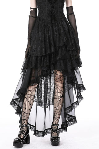 Model wearing Dark in Love KW263 black chiffon Gothic high-low skirt with lace layers and spiderweb tights