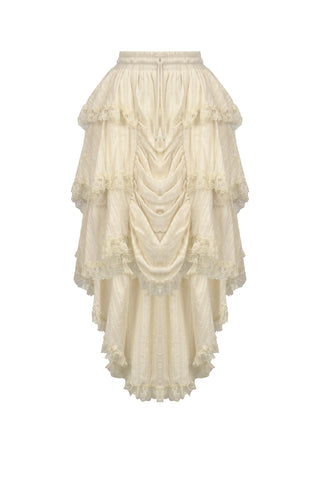 Ivory-white layered Steampunk ruffle skirt with lace trim and high-low hem, displayed on a white background.