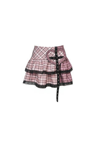 Flat lay of pink plaid mini skirt with lace and heart patch – front view
