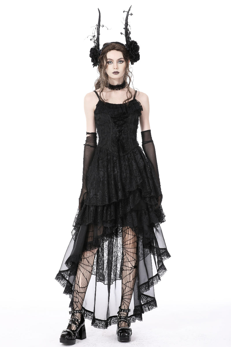 Model wearing Dark in Love KW263 black chiffon Gothic high-low skirt with lace layers and spiderweb tights