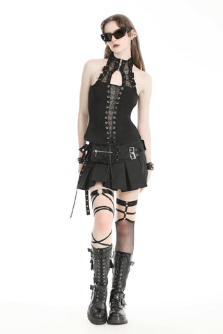Model wearing dark in love kw359 a black techwear-inspired mini skirt with a detachable utility belt, lace halter top, and combat boots – styled for alt fashion or festivals.