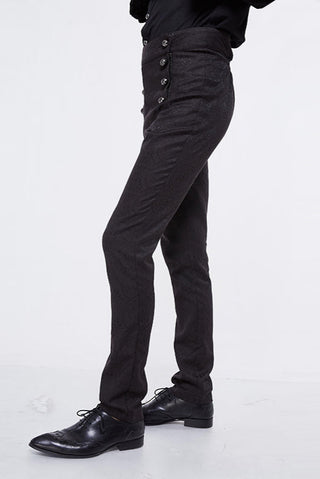 Side view of high-waisted Gothic trousers with ornate buttons and slim tailored fit
