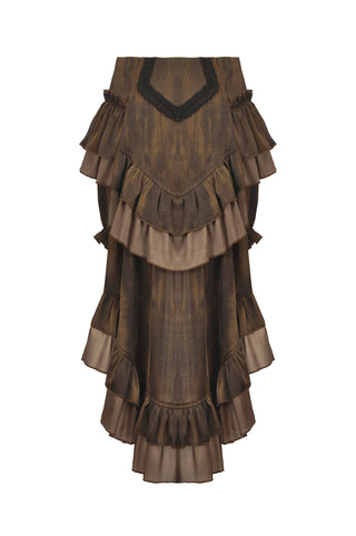 Brown layered Steampunk skirt with ruffled tiers and black trim, displayed flat on a white background.