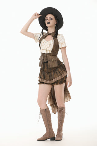 Model wearing a Steampunk-inspired outfit with tiered skirt, short-sleeved top, vest, and knee-high boots, posing in a wide-brim hat on a white background.