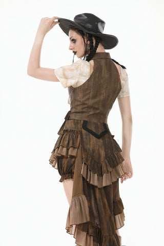 Model turning to the side, holding a black hat while wearing a layered brown Steampunk skirt and beige puff-sleeve top, white background.