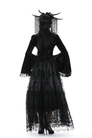 Rear view of Gothic lace ensemble with dramatic bell sleeves, layered sheer textures, and ornate horned headpiece.