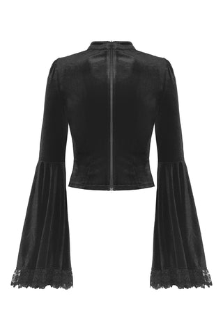 Back view of a cropped black velvet top with dramatic bell sleeves and lace trim, displayed on a white background.