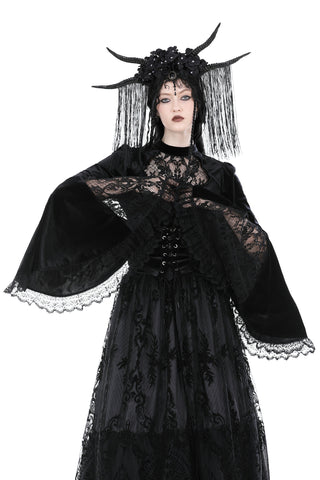 Model wearing the Dark in Love TW539 blouse with wide lace sleeves and corset lacing, paired with a black tulle skirt and ornate horned headpiece on a white background.