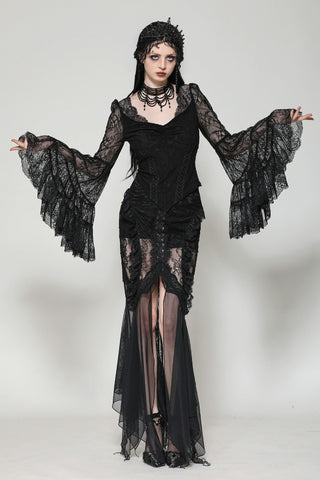 Woman wearing Dark in Love TW607 Gothic black fitted top with sheer lace bell sleeves and basque hem