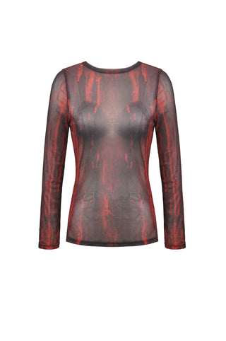 Black and red abstract pattern sheer mesh long-sleeve top with a fitted silhouette on a white background
