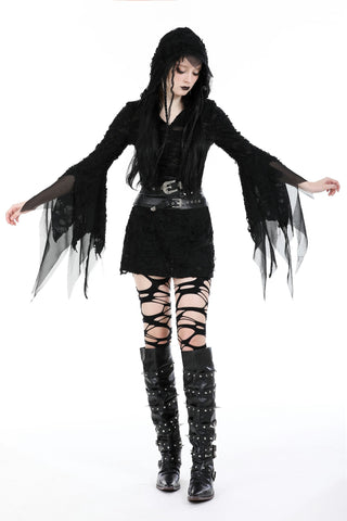 Model wearing Dark in Love CW072 black Gothic waist belt styled with a lace hooded top, mini skirt, strappy tights, and platform boots on a white background