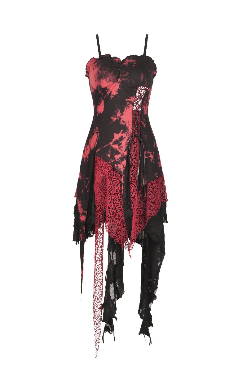 Dark in Love DW585 Red Tie-Dye Punk Dress Distressed Gothic Style Asymmetric Hem OtherWorld Fashion Dark in Love DW585 Red Tie-Dye Punk Dress Distressed Gothic Style Asymmetric Hem OtherWorld Fashion