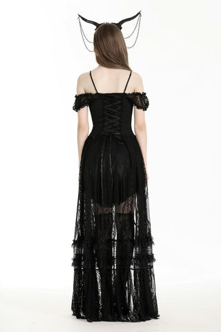 Model showing the back of black Gothic dress with lace layers and corset detail