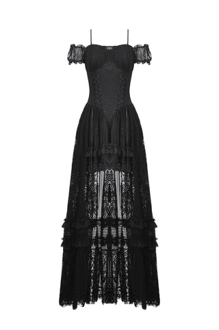 Black Gothic high-low gown shown hanging, front view