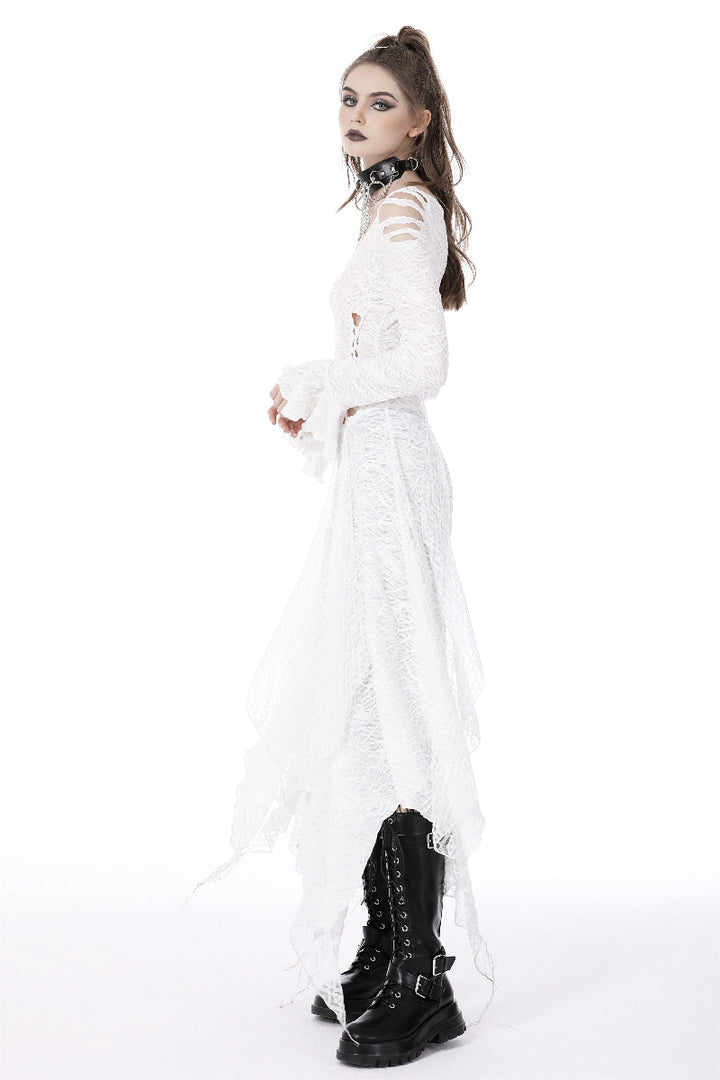 Side view of model wearing DW725 post-apocalyptic white dress