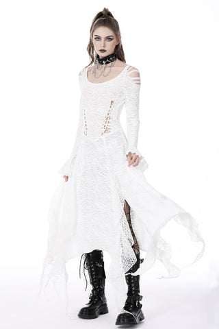 Model wearing Dark In Love DW725 white lace Gothic dress, front view