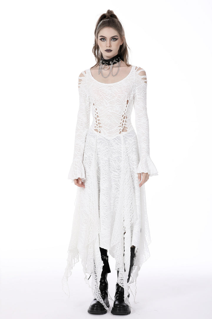 Model standing in Dark In Love DW725 white lace Gothic dress, front view