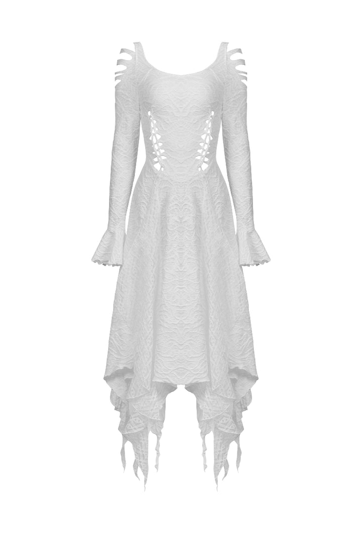 Flat front view of Dark In Love DW725 white Gothic maxi dress