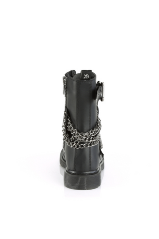 Back view of black combat boot with layered silver chains and buckle detail on a white background