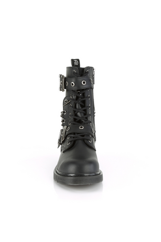 Front view of Demonia Bolt-250 black combat boot with laces, metal eyelets, and buckle strap details