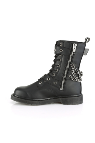 Inner side view of black combat boot with silver zipper, chain detail, and eyelet lacing on a white background