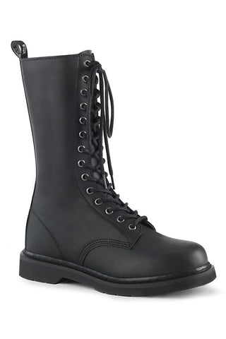 Demonia Bolt-300 black matte combat boots with lace-up front, mid-calf height and round toe