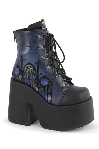 Black platform ankle boot with blue stained-glass panels, crosses, and pentagram accents on a white background.