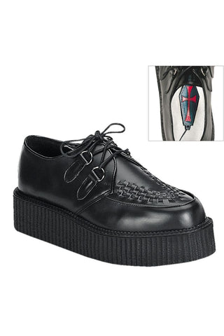 Demonia Creeper-402 black leather platform creeper shoes with woven front detail and hidden coffin compartment