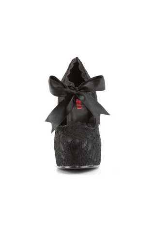 Demonia Demon-11 black lace high heel shoe with ribbon bow – front view